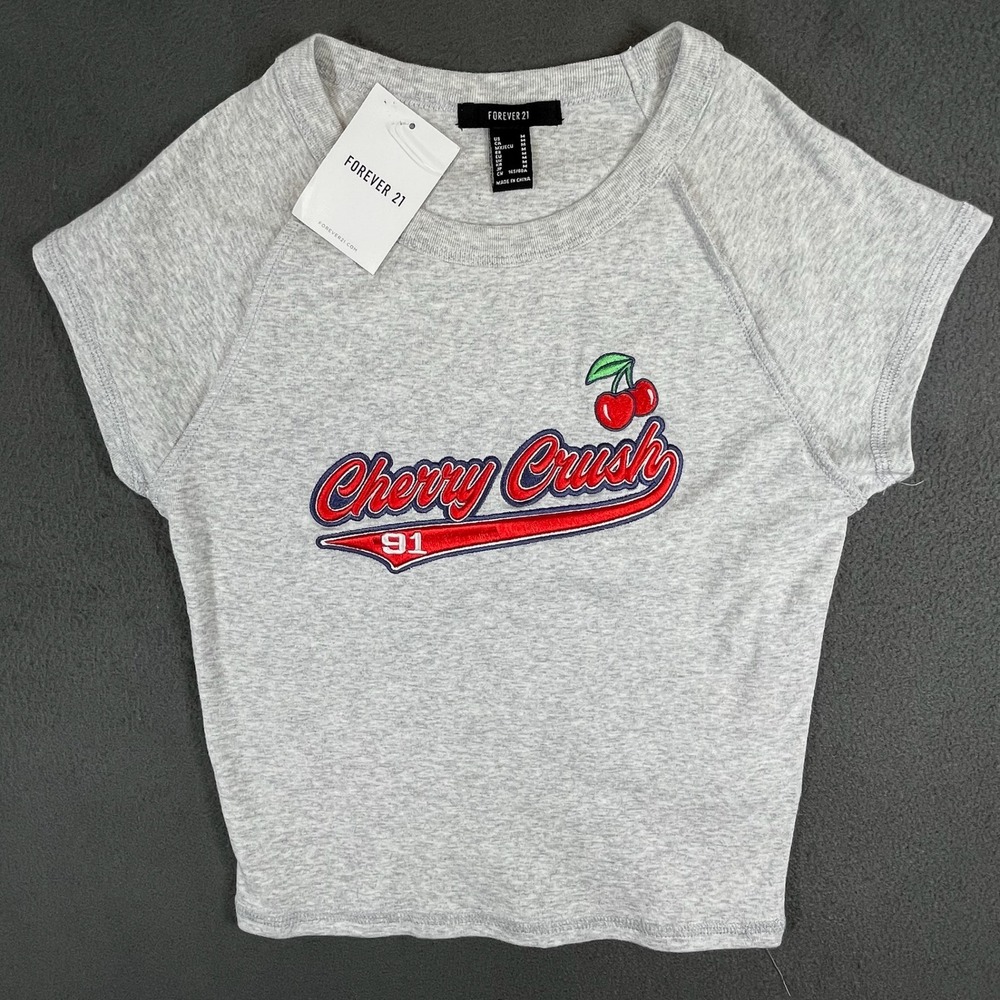 NWT Forever 21 Women Cherry Graphic Crop Top Baby Tee Gray Medium Cute Retro